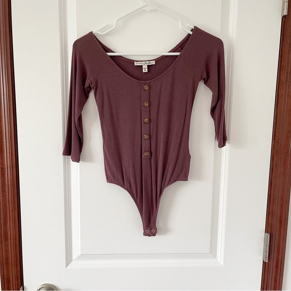 Express Bodysuit Top 3/4 Length Sleeves Button Down